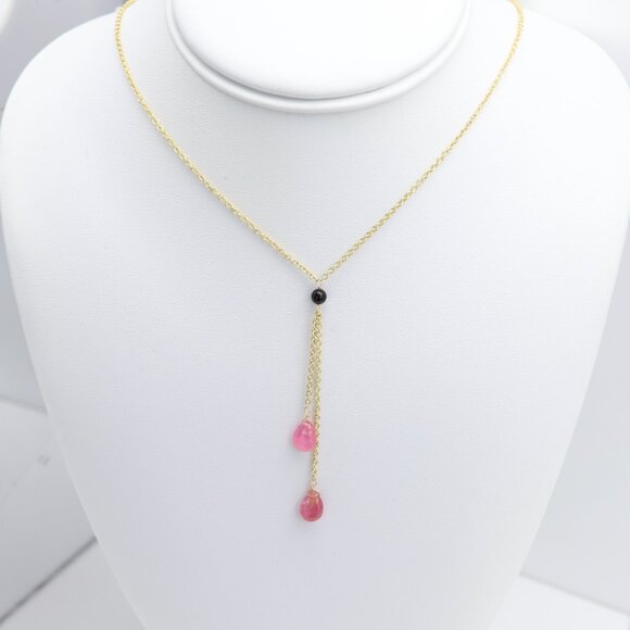 Tourmaline Dangle Necklace 14k Yellow Gold Pink Gemstone Drops (#8) - Picture 7 of 10